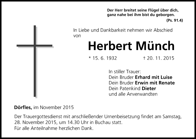  Traueranzeige für Herbert Münch vom 26.11.2015 aus MGO