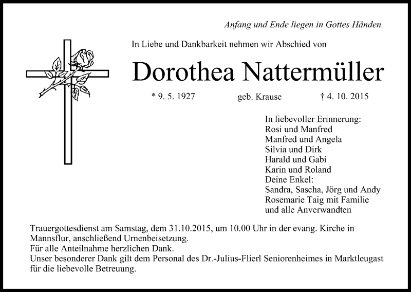  Traueranzeige für Dorothea Nattermüller vom 28.10.2015 aus MGO