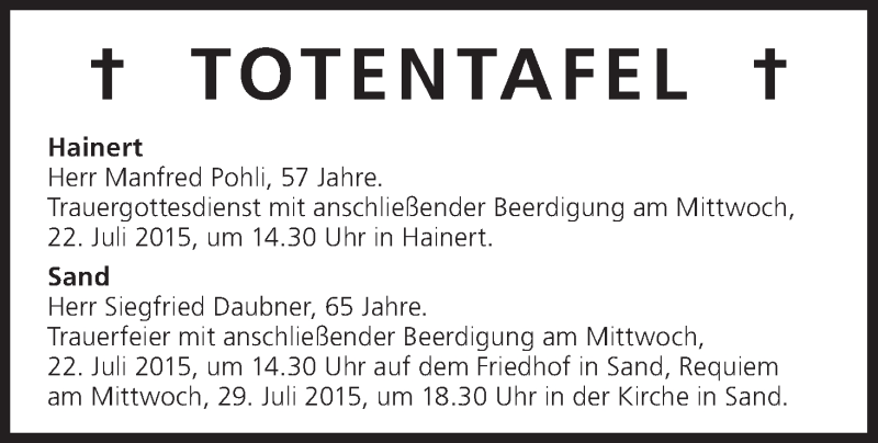  Traueranzeige für Totentafel  vom 21.07.2015 vom 21.07.2015 aus MGO