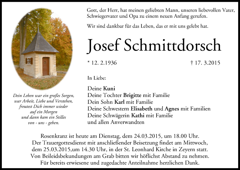  Traueranzeige für Josef Schmittdorsch vom 24.03.2015 aus MGO