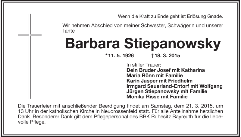  Traueranzeige für Barbara Stiepanowsky vom 19.03.2015 aus MGO