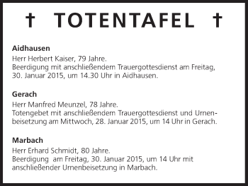 Anzeige von Totentafel vom 28.01.2015 von MGO