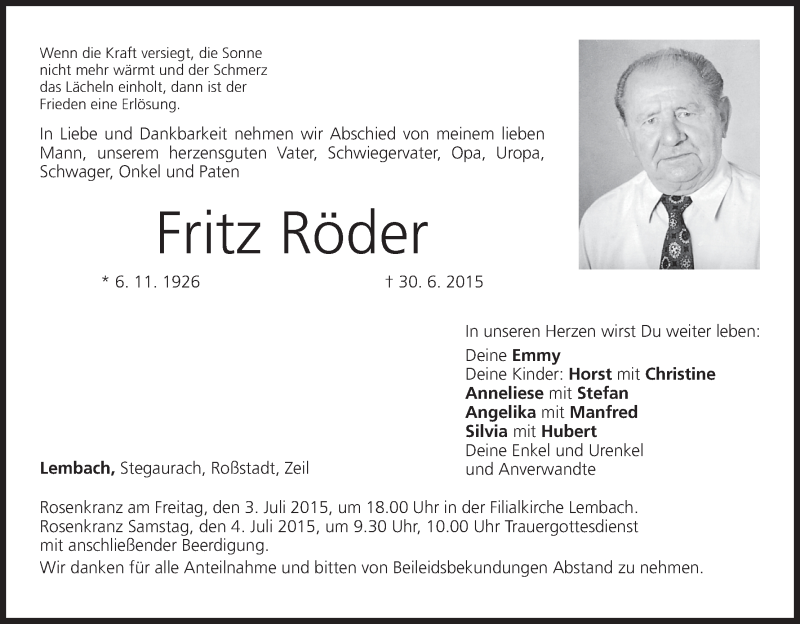  Traueranzeige für Fritz Röder vom 02.07.2015 aus MGO
