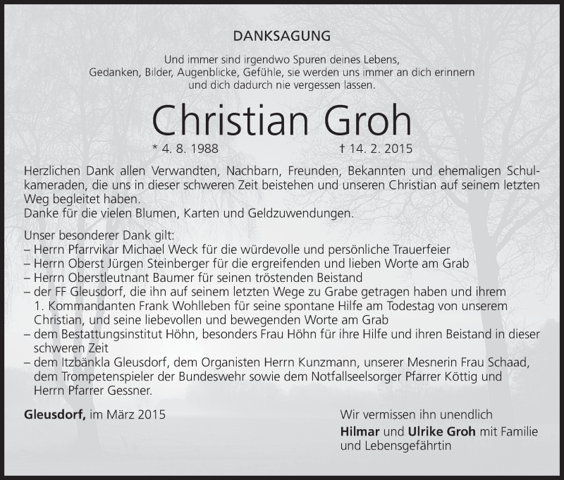  Traueranzeige für Christian Groh vom 07.03.2015 aus MGO