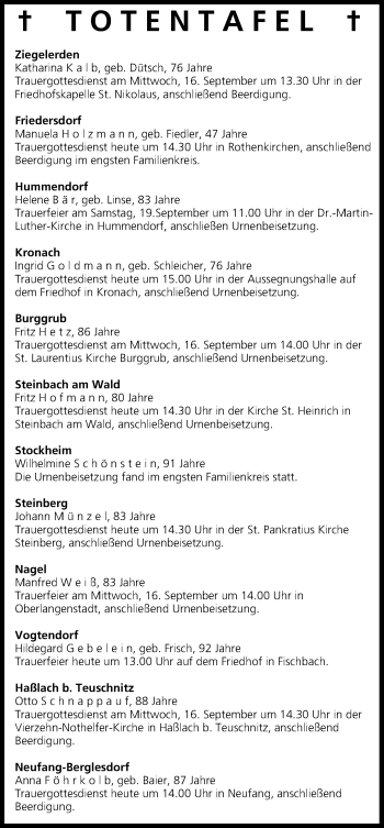 Anzeige von Totentafel vom 15.09.2015 von MGO