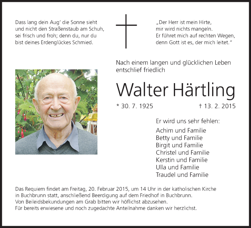  Traueranzeige für Walter Härtling vom 18.02.2015 aus MGO