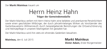 Anzeige von Heinz Hahn von MGO