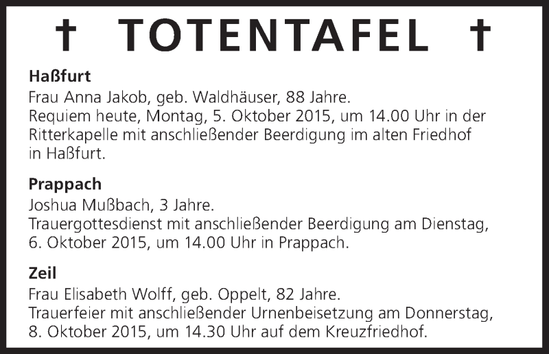  Traueranzeige für Totentafel vom 05.10.2015 vom 05.10.2015 aus MGO