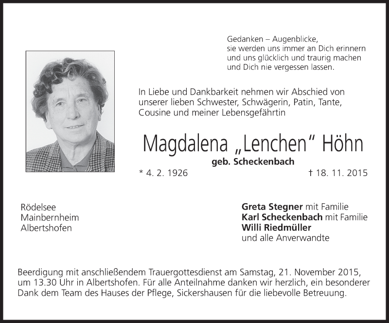  Traueranzeige für Magdalena Höhn vom 20.11.2015 aus MGO
