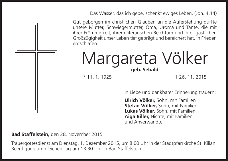  Traueranzeige für Margareta Völker vom 28.11.2015 aus MGO
