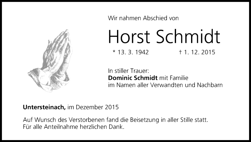  Traueranzeige für Horst Schmidt vom 12.12.2015 aus MGO