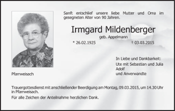 Anzeige von Irmgard Mildenberger von MGO