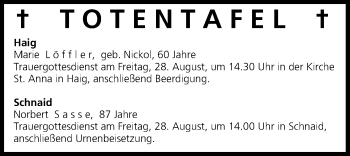 Anzeige von Totentafel vom 27.08.2015 von MGO