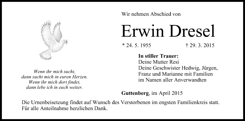  Traueranzeige für Erwin Dresel vom 31.03.2015 aus MGO
