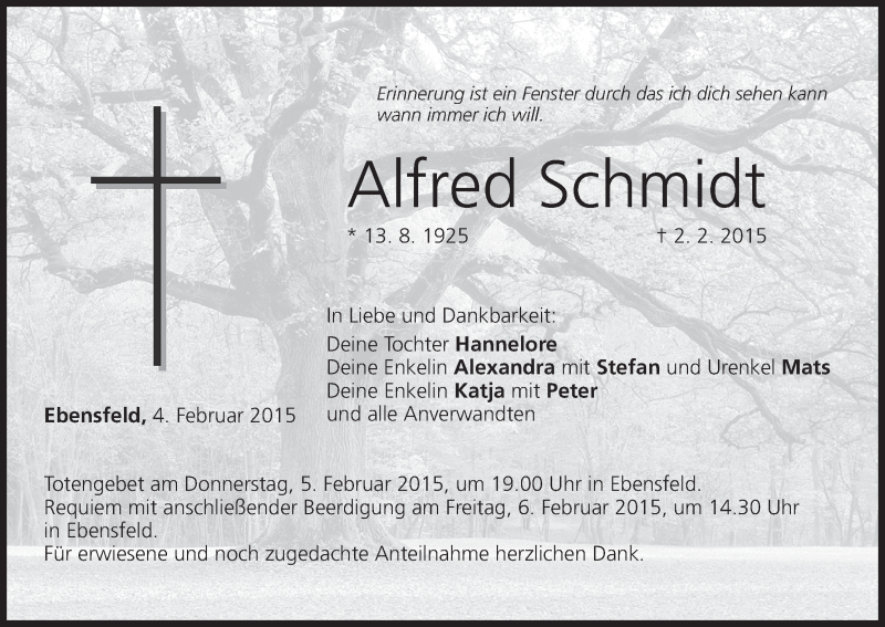  Traueranzeige für Alfred Schmidt vom 04.02.2015 aus MGO