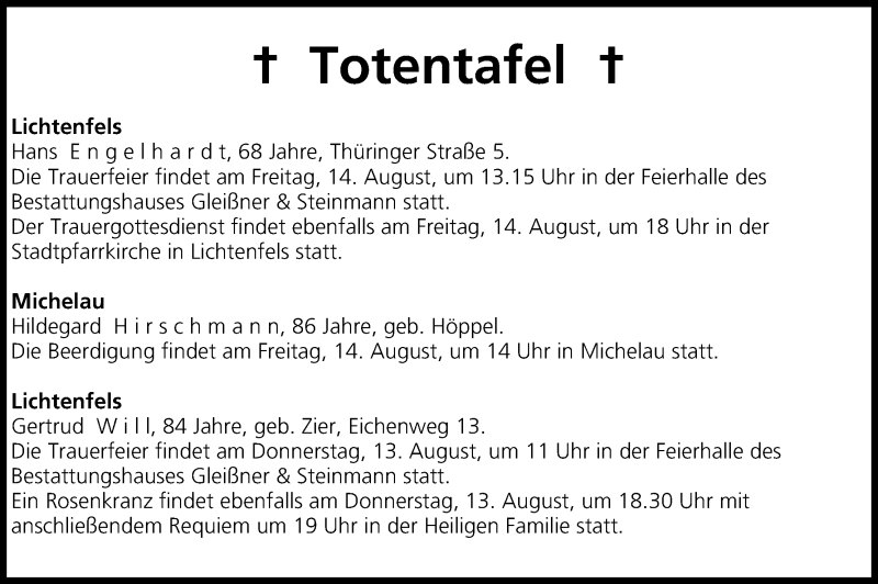  Traueranzeige für Totentafel vom 13.08.2015 vom 13.08.2015 aus MGO