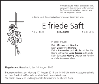 Anzeige von Elfriede Saft von MGO