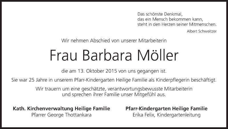  Traueranzeige für Barbara Möller vom 21.10.2015 aus MGO