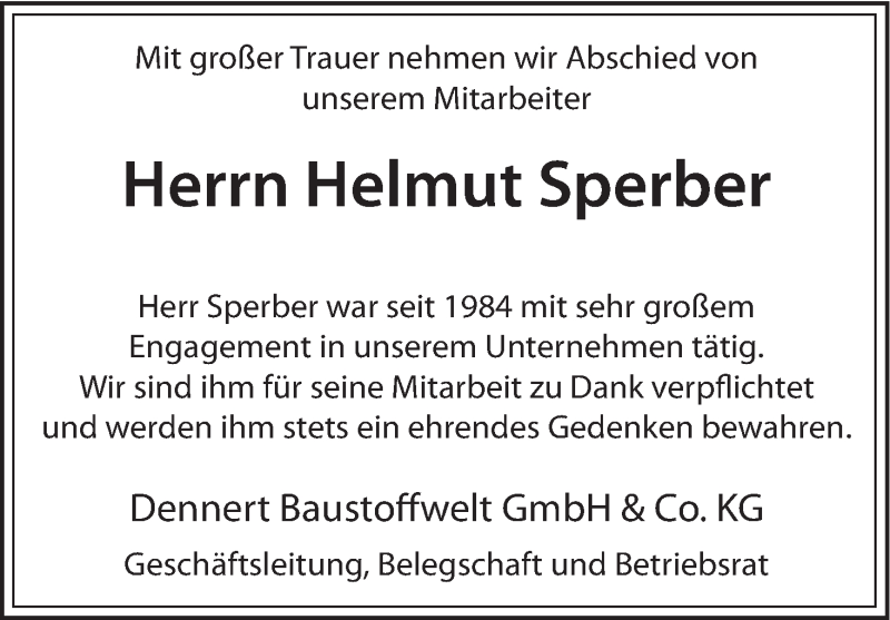  Traueranzeige für Helmut Sperber vom 19.02.2015 aus MGO