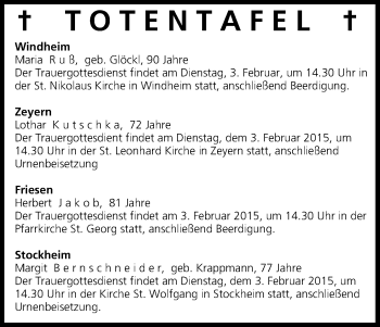 Anzeige von Totentafel vom 03.02.2015 von MGO