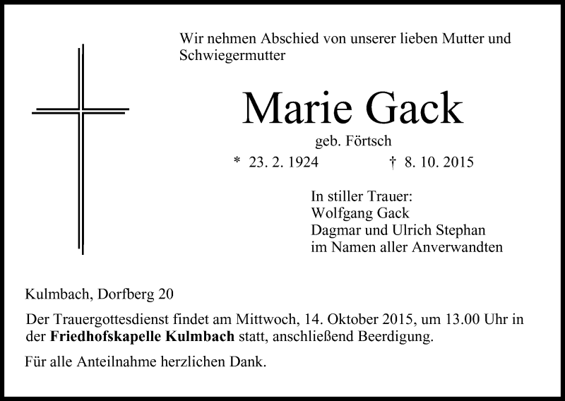  Traueranzeige für Marie Gack vom 12.10.2015 aus MGO
