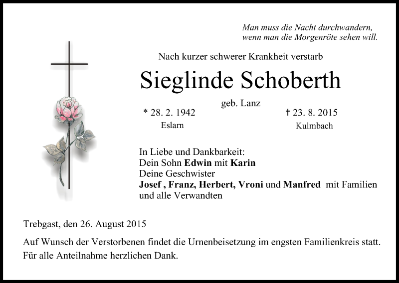 Traueranzeige für Sieglinde Schoberth vom 26.08.2015 aus MGO