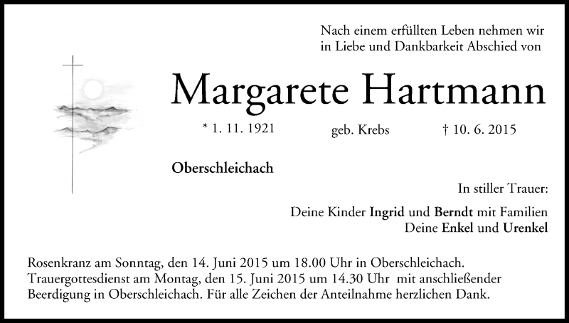 Traueranzeige für Margarete Hartmann vom 12.06.2015 aus MGO