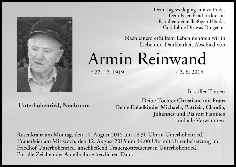  Traueranzeige für Armin Reinwand vom 08.08.2015 aus MGO