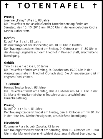 Anzeige von Totentafel vom 09.10.2015 von MGO