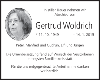 Anzeige von Gertrud Woldrich von MGO