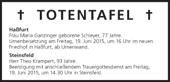 Anzeige von Totentafel vom 18.06.2015 von MGO