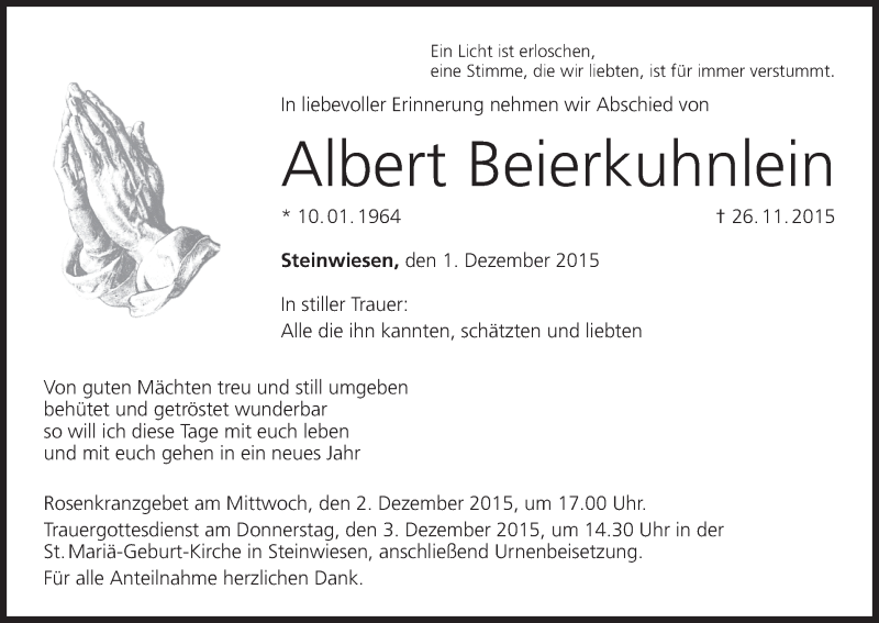  Traueranzeige für Albert Beierkuhnlein vom 01.12.2015 aus MGO