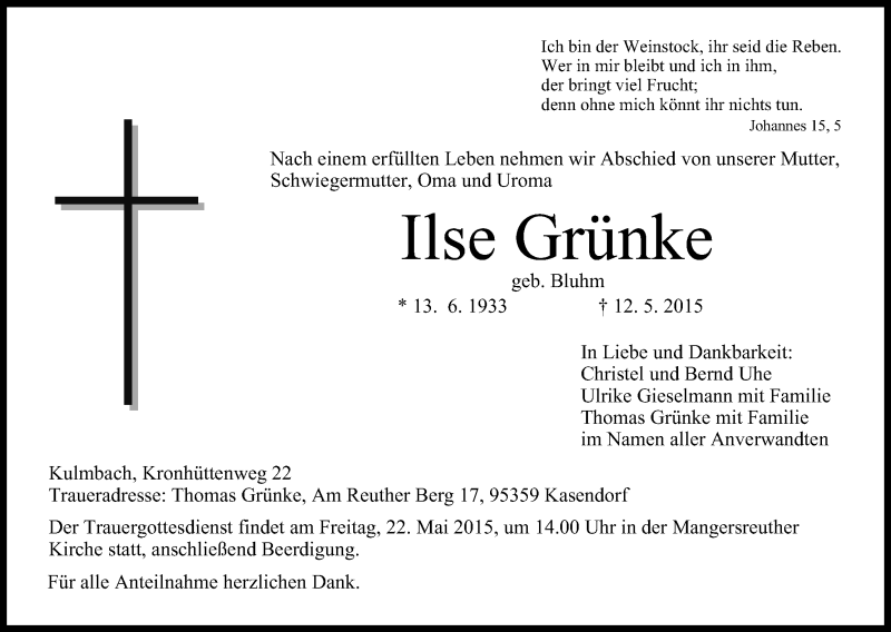  Traueranzeige für Ilse Grünke vom 20.05.2015 aus MGO