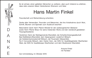 Anzeige von Hans Martin Finkel von MGO