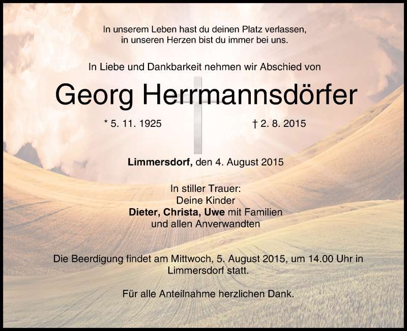  Traueranzeige für Georg Herrmannsdörfer vom 04.08.2015 aus MGO