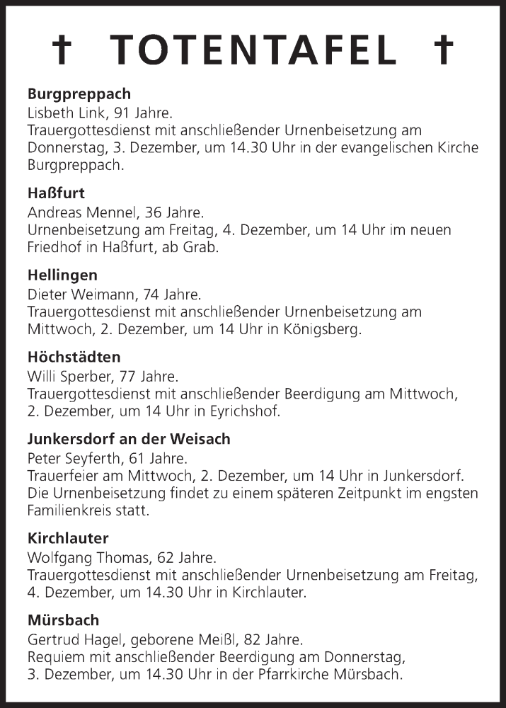  Traueranzeige für Totentafel vom 02.12.2015 vom 02.12.2015 aus MGO