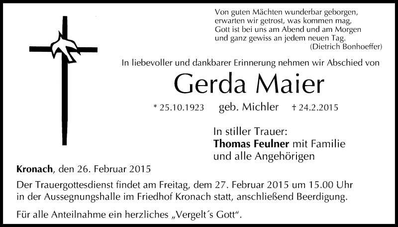  Traueranzeige für Gerda Maier vom 26.02.2015 aus MGO