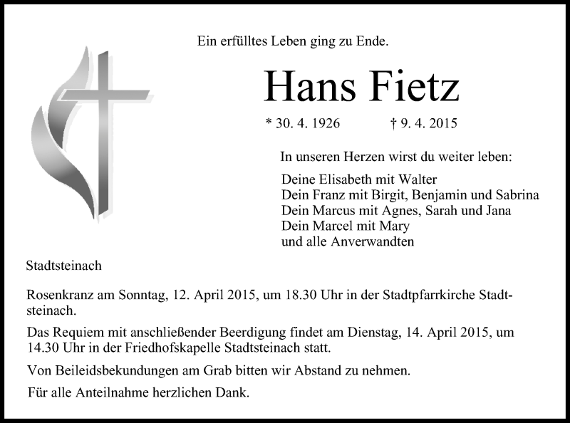  Traueranzeige für Hans Fietz vom 11.04.2015 aus MGO