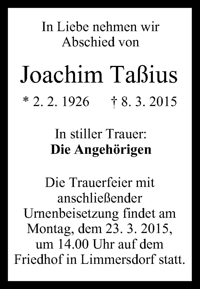  Traueranzeige für Joachim Taßius vom 19.03.2015 aus MGO