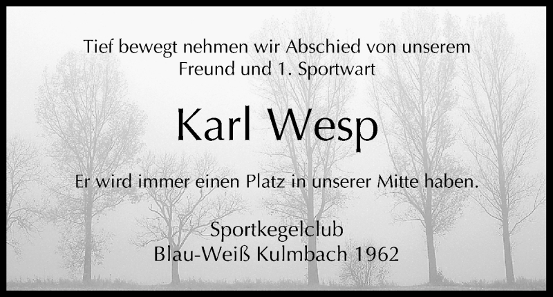  Traueranzeige für Karl Wesp vom 11.04.2015 aus MGO