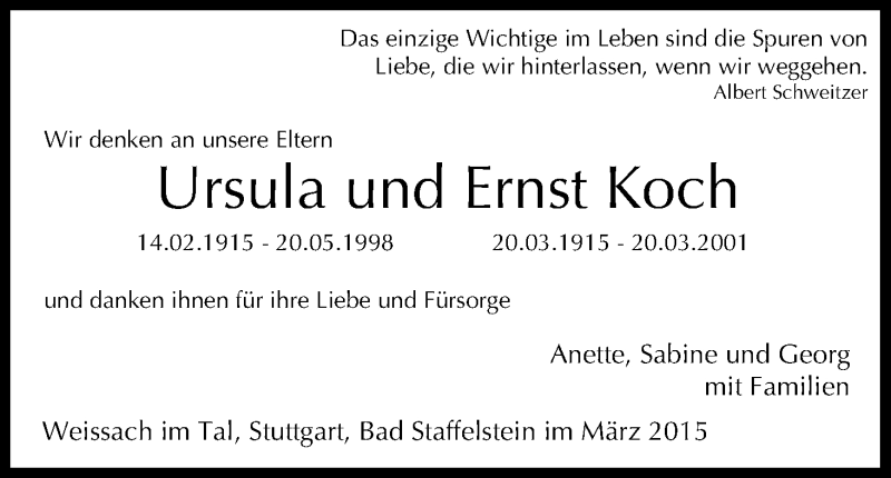  Traueranzeige für Ursula und Ernst  Koch vom 20.03.2015 aus MGO