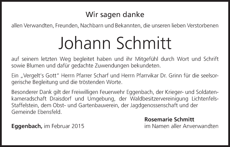  Traueranzeige für Johann Schmitt vom 07.02.2015 aus MGO