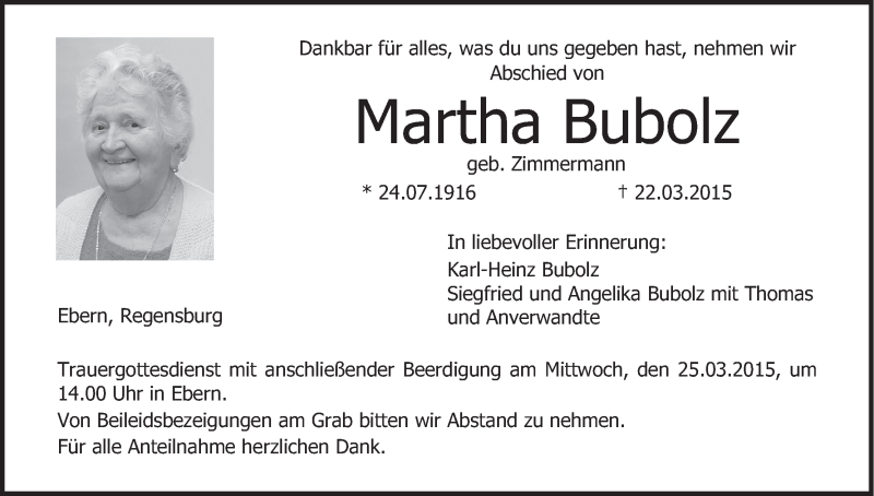  Traueranzeige für Martha Bubolz vom 24.03.2015 aus MGO