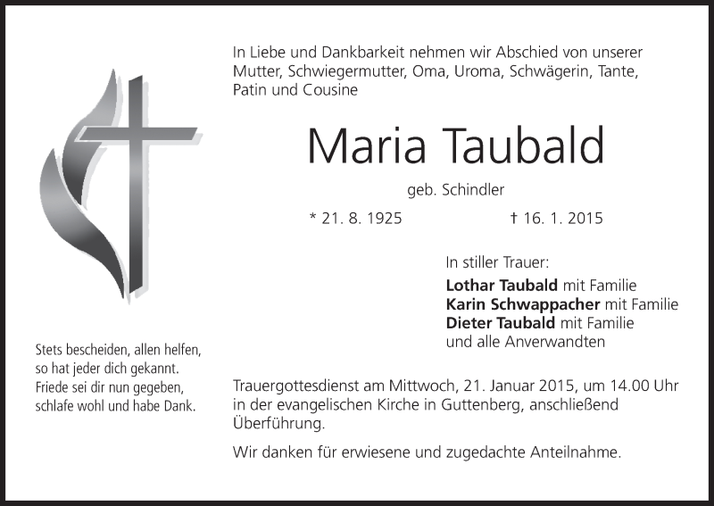  Traueranzeige für Maria Taubald vom 19.01.2015 aus MGO