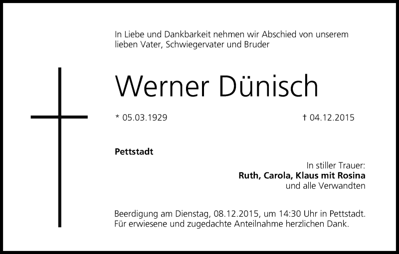  Traueranzeige für Werner Dünisch vom 07.12.2015 aus MGO