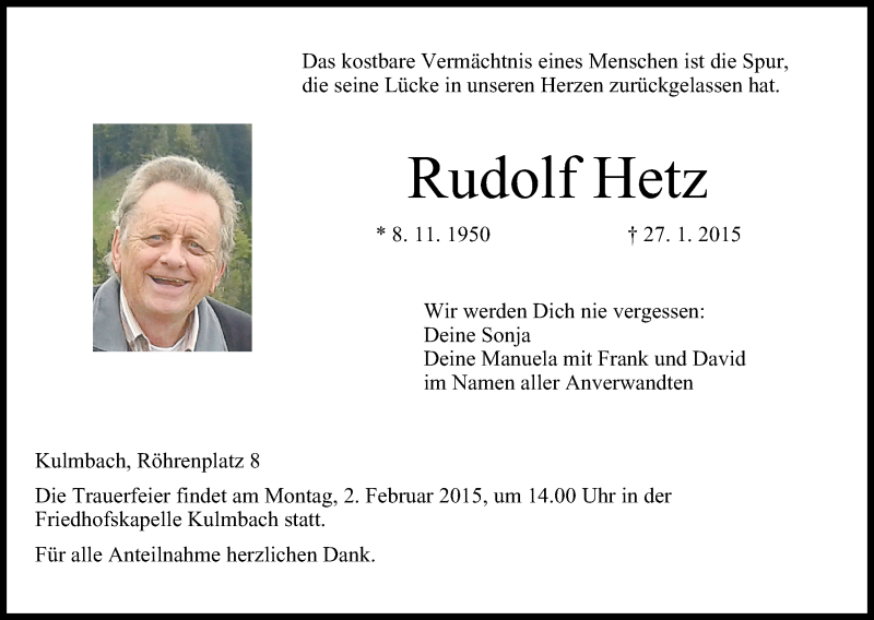  Traueranzeige für Rudolf Hetz vom 30.01.2015 aus MGO