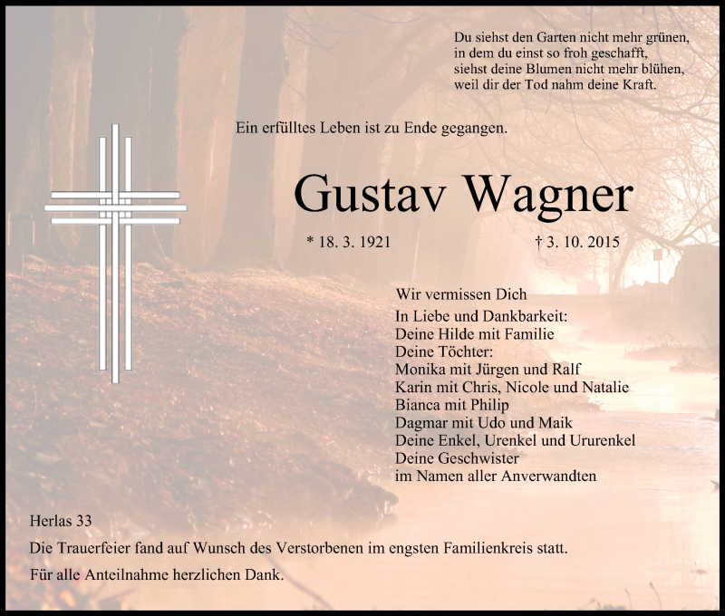  Traueranzeige für Gustav Wagner vom 10.10.2015 aus MGO