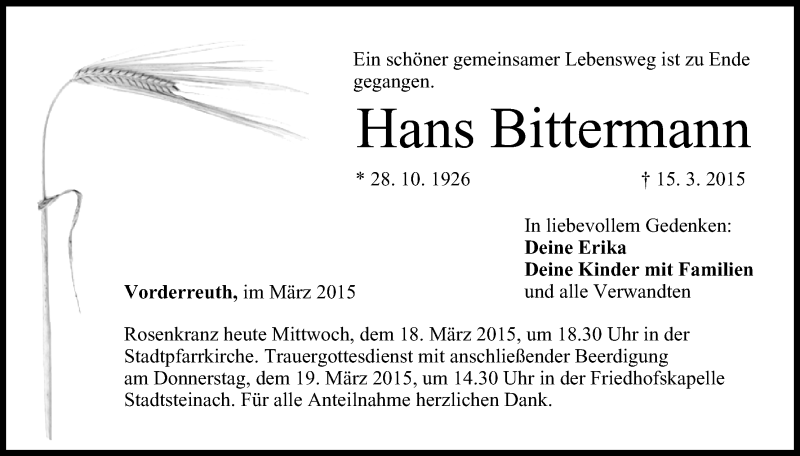  Traueranzeige für Hans Bittermann vom 18.03.2015 aus MGO
