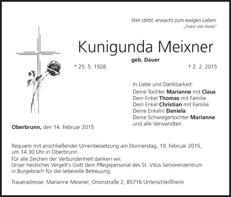  Traueranzeige für Kunigunda Meixner vom 14.02.2015 aus MGO
