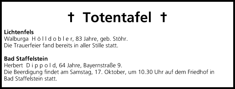  Traueranzeige für Totentafel vom 17.10.2015 vom 17.10.2015 aus MGO